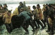 Michael Ancher, fiskere i faerd med at saette en rorsbad i vandet